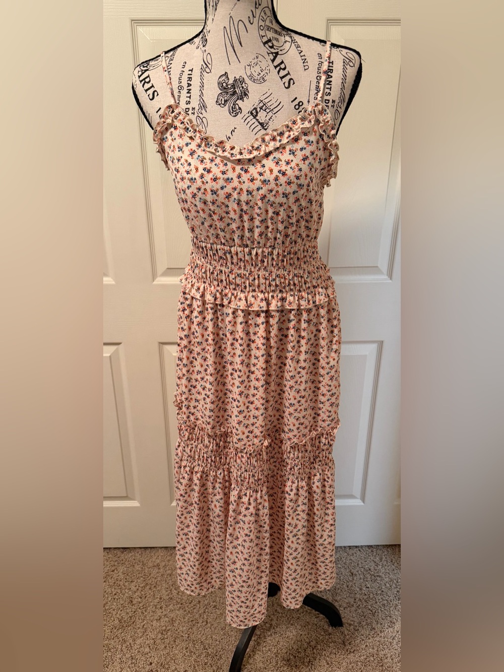 Angie Floral Smocked Waist Midi Dress — Orange, Blue Floral with a Crean Base